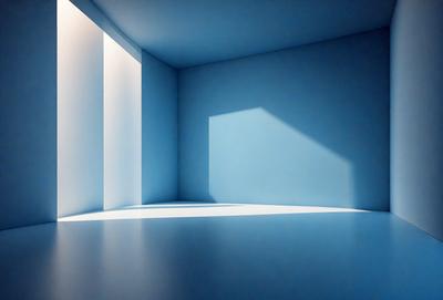The primary subject of the image is a white wall with a blue square on it. The setting is a room with a window, and the visual style is a photo. The dominant colors are white and blue, creating a calm and serene atmosphere.