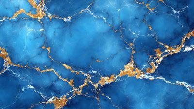 The primary subject of the image is a blue marble wall with gold accents. The setting is a room with a blue and gold marble wall, which serves as the background. The visual style is a combination of photo and digital art, creating a unique and intricate design. The dominant colors are blue and gold, giving the wall a luxurious and elegant appearance.