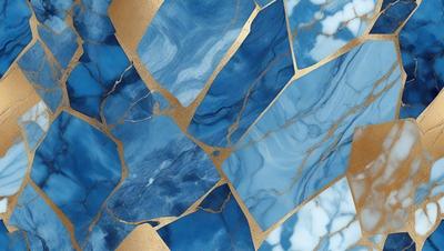 The primary subject of the image is a blue and gold marble tile. The setting is a wall with a blue and gold marble tile pattern. The visual style is a close-up of the tile, showcasing its intricate design. The colors and mood of the image are predominantly blue and gold, creating a luxurious and elegant atmosphere.