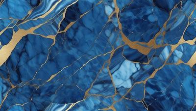The primary subject of the image is a blue marble wall with gold accents. The setting is a room with a blue marble wall as the main focus. The visual style is a combination of a photo and digital art, creating a unique and eye-catching design. The dominant colors are blue and gold, giving the room a luxurious and elegant atmosphere.