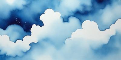 The primary subject of the image is a cloudy blue sky with white clouds. The setting is a nighttime scene, with the sky being the main focus of the image. The visual style is a painting, with the clouds and sky being depicted in a creative and artistic manner. The colors and mood of the image are predominantly blue and white, creating a serene and peaceful atmosphere.