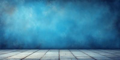 The primary subject of the image is a blue wall with a cloudy sky in the background. The setting is a room with a blue wall, and the visual style is a painting. The dominant colors are blue and white, creating a calm and serene atmosphere.