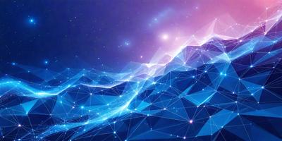 The primary subject of the image is a blue and purple mountain range with a starry sky in the background. The setting is a space-like environment, and the visual style is a digital art or illustration. The dominant colors are blue and purple, creating a serene and calming atmosphere.