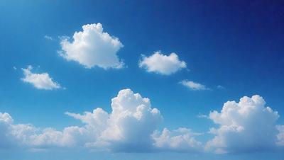The primary subject of the image is a cloudy blue sky filled with various cloud formations. The setting is a vast, open sky, and the visual style is a natural, outdoor atmosphere. The colors and mood of the image are predominantly blue and serene, with the clouds adding a sense of depth and movement to the scene.