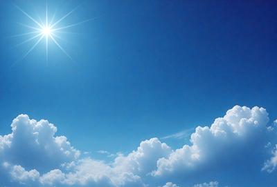 The primary subject of the image is a cloudy blue sky with a few white clouds. The setting is a clear day with a sunny atmosphere. The visual style is a natural, outdoor scene. The colors and mood are predominantly blue and sunny, creating a serene and peaceful ambiance.