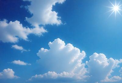 The primary subject of the image is a cloudy blue sky filled with fluffy white clouds. The setting is a vast open space, and the visual style is a natural, outdoor atmosphere. The colors and mood of the image are predominantly blue and white, creating a serene and peaceful ambiance.