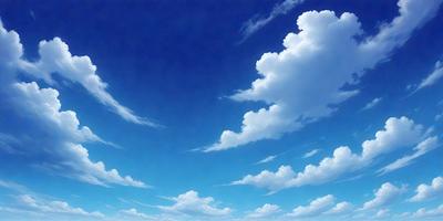 The primary subject of the image is a cloudy blue sky with a few clouds scattered throughout. The setting is a vast, open space with no visible landmarks or objects. The visual style is a combination of photo and digital art, creating a realistic yet artistic representation of the sky. The colors and mood are predominantly blue and serene, with the clouds adding a touch of dynamism to the scene.
