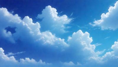 The primary subject of the image is a cloudy blue sky filled with various cloud formations. The setting is a clear day with a bright blue sky, and the visual style is a natural, outdoor scene. The colors and mood of the image are predominantly blue and serene, creating a peaceful atmosphere.