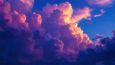 The primary subject of the image is a large, colorful cloud in the sky. The cloud is pink and purple, creating a vibrant and lively atmosphere. The setting is a blue sky, which contrasts beautifully with the cloud. The visual style of the image is a photo, capturing the natural beauty of the cloud. The colors and mood of the image are joyful and uplifting, as the cloud appears to be floating in the sky.