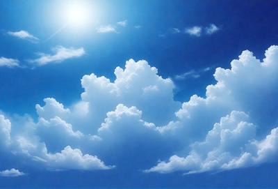 The primary subject of the image is a cloudy blue sky filled with fluffy white clouds. The setting is a vast, open sky, and the visual style is a combination of photo and digital art. The colors and mood of the image are predominantly blue and white, creating a serene and peaceful atmosphere.