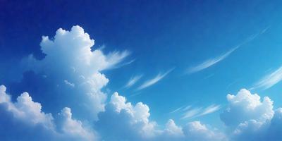 The primary subject of the image is a cloudy blue sky with white clouds. The setting is a clear day with a blue sky, and the visual style is a painting. The colors and mood of the image are predominantly blue and white, creating a serene and peaceful atmosphere.