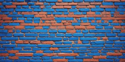 The primary subject of the image is a blue brick wall with red bricks. The setting is a brick wall, and the visual style is a photo. The dominant colors are blue and red, creating a vibrant and energetic atmosphere.