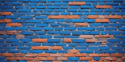The primary subject of the image is a blue brick wall. The setting is a brick wall with a blue and orange color scheme. The visual style is a close-up of the brick wall, showcasing its texture and design. The dominant colors are blue and orange, creating a vibrant and visually appealing atmosphere.