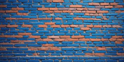The primary subject of the image is a blue brick wall with a red brick pattern. The setting is a brick wall, and the visual style is a photo. The dominant colors are blue and red, creating a vibrant and energetic atmosphere.