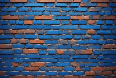 The primary subject of the image is a blue brick wall. The setting is a brick wall with a blue color, and the visual style is a photo. The colors and mood of the image are predominantly blue, creating a calm and serene atmosphere.