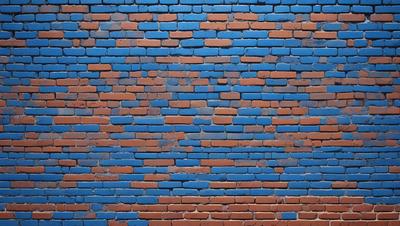 The primary subject of the image is a brick wall with blue and red bricks. The setting is a brick wall, and the visual style is a photo. The dominant colors are blue and red, creating a vibrant and lively atmosphere.