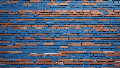 The primary subject of the image is a brick wall with blue bricks. The setting is a brick wall with a blue brick pattern, and the visual style is a photo. The colors and mood of the image are predominantly blue, creating a calm and serene atmosphere.