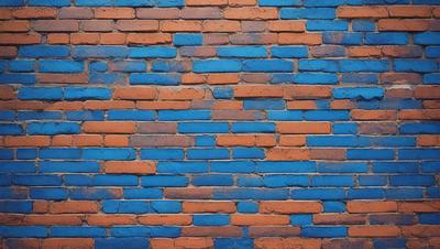 The primary subject of the image is a brick wall with a blue and orange color scheme. The setting is a brick wall, and the visual style is a photo. The dominant colors are blue and orange, creating a vibrant and lively atmosphere.