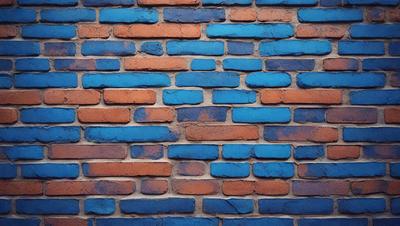 The primary subject of the image is a blue and orange brick wall. The setting is a brick wall with a blue and orange color scheme. The visual style is a close-up of the brick wall, showcasing its unique design. The colors and mood of the image are vibrant and energetic, with the blue and orange hues creating a lively atmosphere.