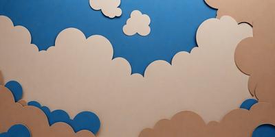 The primary subject of the image is a collage of clouds made from paper. The clouds are arranged in various shapes and sizes, creating a visually appealing and artistic display. The setting is a wall, and the visual style is a combination of digital art and illustration. The colors and mood of the image are predominantly blue, giving it a calm and serene atmosphere.