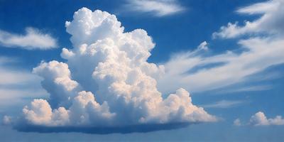 The primary subject of the image is a large, fluffy white cloud in the sky. The cloud is the main focus of the image, and it appears to be a natural, cloudy formation rather than a digital or artificial creation. The setting is a blue sky, which provides a contrasting backdrop for the cloud. The visual style of the image is a painting, which adds a sense of artistic expression and creativity to the scene. The colors and mood of the image are predominantly white and blue, creating a ser