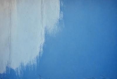 The primary subject of the image is a blue sky with a white cloud. The setting is a clear blue sky, and the visual style is a painting. The colors and mood of the image are predominantly blue and serene, creating a peaceful atmosphere.