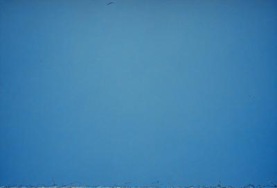 The primary subject of the image is a large, empty blue sky. The setting is a vast, open space with no visible landmarks or objects. The visual style is a photo, capturing the beauty of the blue sky. The colors and mood are predominantly blue, creating a serene and peaceful atmosphere.