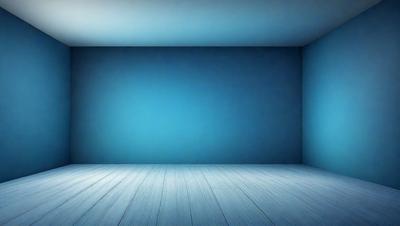The primary subject of the image is a large, empty room with a blue wall. The setting is a white room with a blue wall, and the visual style is a photo. The colors and mood of the image are predominantly blue, creating a calm and serene atmosphere.
