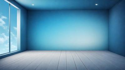The primary subject of the image is a large, empty room with a blue wall. The setting is a clean, white room with a wooden floor. The visual style is a photo, capturing the room's emptiness and the blue wall's color. The colors and mood of the image are predominantly blue, creating a calm and serene atmosphere.
