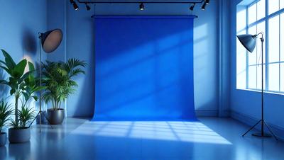 The primary subject of the image is a blue screen, which is the main object in the scene. The setting is a room with a blue wall and a window. The visual style of the image is a photo, and the dominant colors are blue and white. The overall atmosphere of the image is calm and serene.