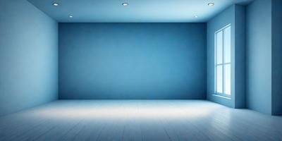 The primary subject of the image is a large, empty room with a blue wall. The setting is a white room with a blue wall, and the visual style is a photo. The colors and mood of the image are predominantly blue, creating a calm and serene atmosphere.
