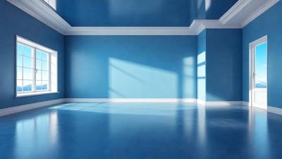 The primary subject of the image is a large, empty room with blue walls. The room appears to be a living room or a bedroom, as it is spacious and has a blue color scheme. The setting is a room with a blue wall, and the visual style is a photo. The colors and mood of the room are calm and serene, with the blue walls creating a peaceful atmosphere.