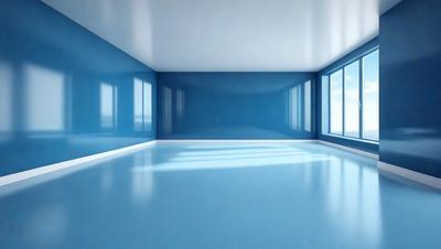 The primary subject of the image is a large, empty room with blue walls. The room appears to be a large, open space with no furniture or decorations. The setting is a room with a blue color scheme, and the visual style is a realistic representation of the room. The colors and mood of the room are predominantly blue, creating a calm and serene atmosphere.