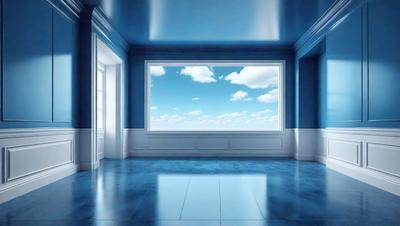 The primary subject of the image is a large window with a blue frame, showcasing a beautiful view of the sky. The setting is a room with a blue wall, and the visual style appears to be a photo of the room. The colors and mood of the image are predominantly blue, creating a calm and serene atmosphere.