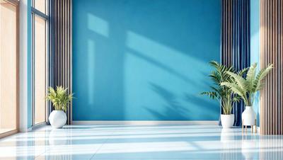 The primary subject of the image is a large blue wall with a white floor. The setting is a room with a blue wall and a white floor. The visual style is a photo, and the colors and mood are predominantly blue and white, creating a calm and serene atmosphere.