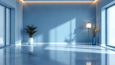 The primary subject of the image is a white vase with a green plant in it, placed on a marble floor. The setting is a room with a blue wall, and the visual style appears to be a photo. The colors in the image are predominantly white and blue, creating a clean and calming atmosphere.