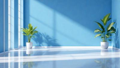 The primary subject of the image is a potted plant, which is placed on a white table. The setting is a room with a blue wall, and the visual style appears to be a photo. The colors in the image are predominantly white and blue, creating a calm and serene atmosphere.