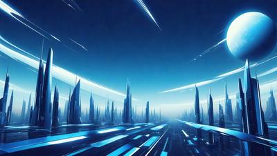 The primary subject of the image is a futuristic cityscape with a blue sky and a large number of tall, thin towers. The setting is a city with a lot of skyscrapers, and the visual style is a digital art or illustration. The colors and mood of the image are predominantly blue, creating a calm and serene atmosphere.