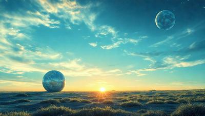 Primary subject: Two large, round, white objects in a field.
Setting/background: A field with a blue sky and clouds in the background.
Visual style: Digital art.
Colors and mood: The primary colors are white and blue, with a calm and serene atmosphere.