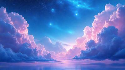 The primary subject of the image is a beautiful, colorful sky filled with clouds. The sky is set against a backdrop of a body of water, possibly an ocean. The visual style of the image is a combination of photo and digital art, creating a vibrant and lively atmosphere. The dominant colors in the scene are pink, blue, and white, which contribute to the overall mood of the image, which is serene and peaceful.