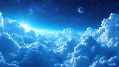 The primary subject of the image is a beautiful, blue, cloudy sky filled with clouds. The setting is a nighttime scene, with the moon visible in the background. The visual style is a combination of a photo and digital art, creating a stunning and surreal atmosphere. The dominant colors are blue and white, with the clouds adding a sense of depth and dimension to the scene.