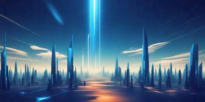 The primary subject of the image is a futuristic cityscape with a blue sky and a series of tall, blue, and black structures. The setting appears to be a futuristic city, possibly on another planet. The visual style of the image is digital art, as it is a computer-generated scene. The dominant colors in the image are blue and black, creating a sense of depth and contrast. The overall atmosphere of the image is one of wonder and exploration, as the viewer is drawn into the intricate and capt