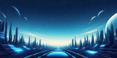 The primary subject of the image is a futuristic cityscape with a blue sky and a large number of tall, thin buildings. The setting is a vast, open space with a few small buildings scattered throughout. The visual style is a digital art or illustration, creating a sense of depth and intricacy in the scene. The colors and mood are predominantly blue, giving the image a calm and serene atmosphere.
