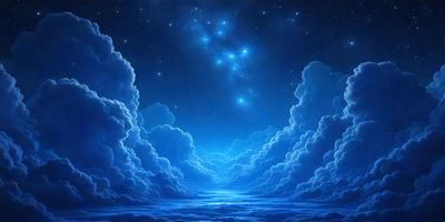 The primary subject of the image is a beautiful, blue night sky filled with stars. The setting is a cloudy night, with the clouds creating a dramatic backdrop. The visual style is a digital art or illustration, showcasing the artist's creativity and skill in capturing the night sky. The colors and mood of the image are serene and peaceful, with the blue hues of the sky and the twinkling stars creating a sense of tranquility.