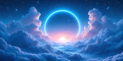 The primary subject of the image is a beautifully painted scene of a sunset in a cloudy sky. The setting is a vast, cloudy expanse, with the sun peeking through the clouds, creating a serene and peaceful atmosphere. The visual style is a combination of photo and digital art, creating a stunning and realistic representation of the sunset. The colors and mood are predominantly warm and calming, with the sunset's hues and the clouds' softness contributing to the overall