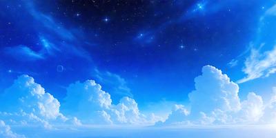 The primary subject of the image is a cloudy blue sky with a few white clouds. The setting is a nighttime scene with a few stars visible in the sky. The visual style is a digital art or illustration, creating a serene and peaceful atmosphere. The dominant colors are blue and white, with the white clouds adding contrast to the blue sky.