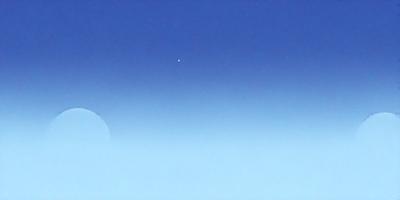 The primary subject of the image is a blue sky with a few stars visible. The setting is a clear night sky, and the visual style is a painting or drawing. The colors and mood of the image are predominantly blue, creating a serene and peaceful atmosphere.