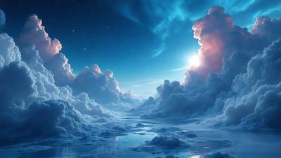 The primary subject of the image is a beautiful, surreal landscape featuring a large body of water with clouds floating above it. The setting is a vast, open sky with a few clouds scattered throughout the scene. The visual style of the image is a combination of photo and digital art, creating a stunning and imaginative representation of the natural world. The colors and mood of the image are predominantly blue and serene, evoking a sense of tranquility and wonder.