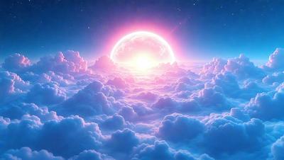 The primary subject of the image is a beautifully painted scene of a sunset in a cloudy sky. The setting is a vast, cloudy expanse, with the sun peeking through the clouds, creating a warm and serene atmosphere. The visual style is a combination of photo-realism and digital art, giving the image a stunning and captivating appearance. The colors and mood convey a sense of tranquility and wonder, as the viewer is drawn into the breathtaking beauty of the cloudy