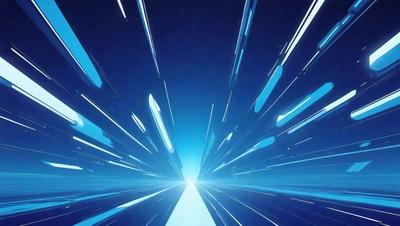 The primary subject of the image is a bright blue tunnel, which appears to be a futuristic space. The setting is a blue sky, and the visual style is a digital art or illustration. The dominant colors are blue and white, creating a sense of speed and motion. The overall atmosphere is dynamic and captivating, as the viewer is drawn into the tunnel's depths.